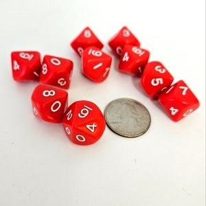 16mm Dice 10d10 (Ten Ten-sided)- Red with White